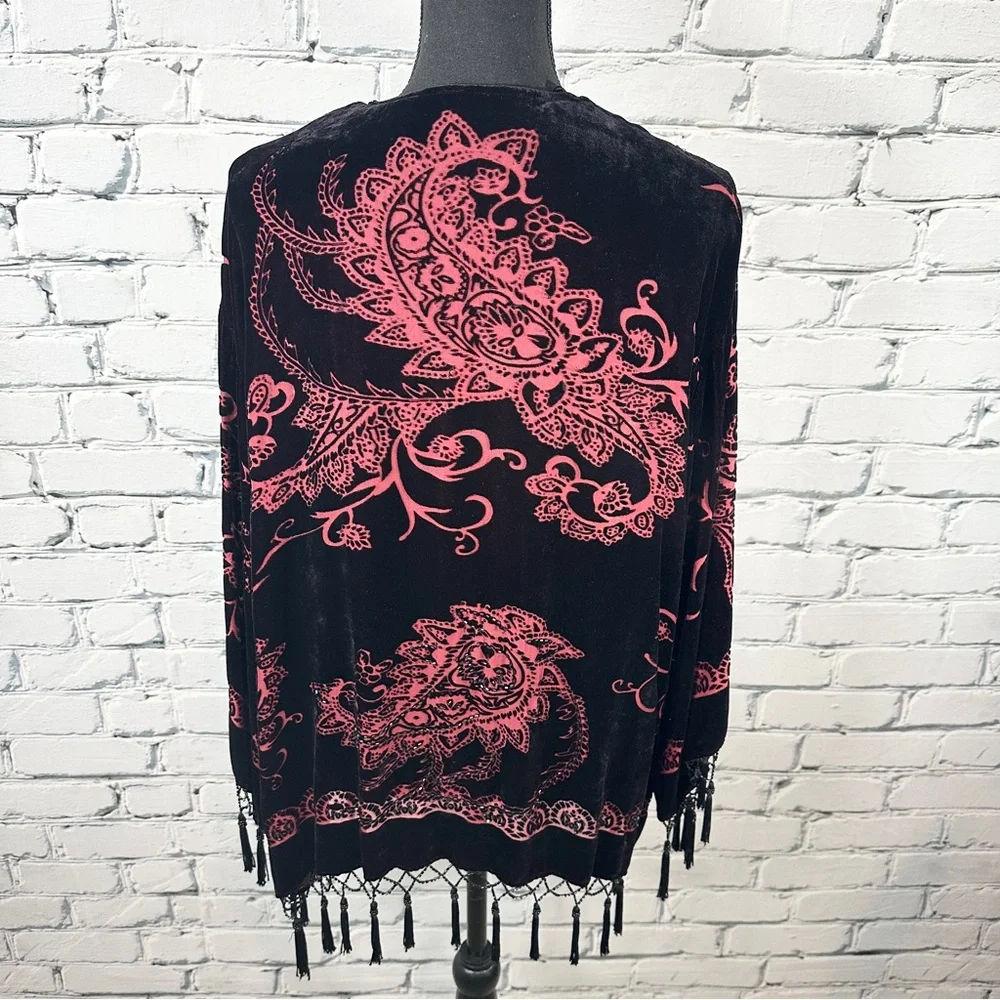 *Sold* Vtg MSK Silk Burnout Velvet Kimono Cardigan 1X Black Beaded Whimsygoth - Picture 2 of 8